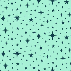 Teal seamless pattern with celestial motifs. Stars background. Monochrome boho wallpaper.