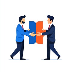 Obraz premium Two business professionals shake hands, symbolizing collaboration and partnership, with a colorful graphic element in the center.