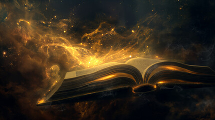 An ancient, magical book floating open in mid-air, glowing with golden light. Wisps of ethereal energy rise from the pages, swirling into the sky, forming galaxies and constellations. 