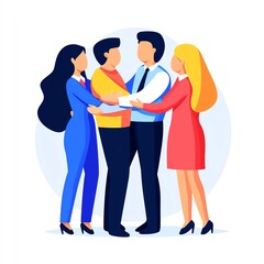 Obraz premium A vibrant illustration of four people interacting warmly, engaging in conversation, showcasing diverse attire and hairstyles in a friendly, collaborative atmosphere.