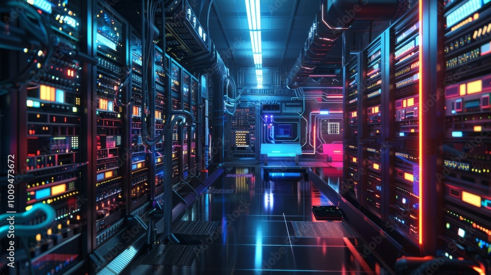 Poster a computer room with many servers and cables