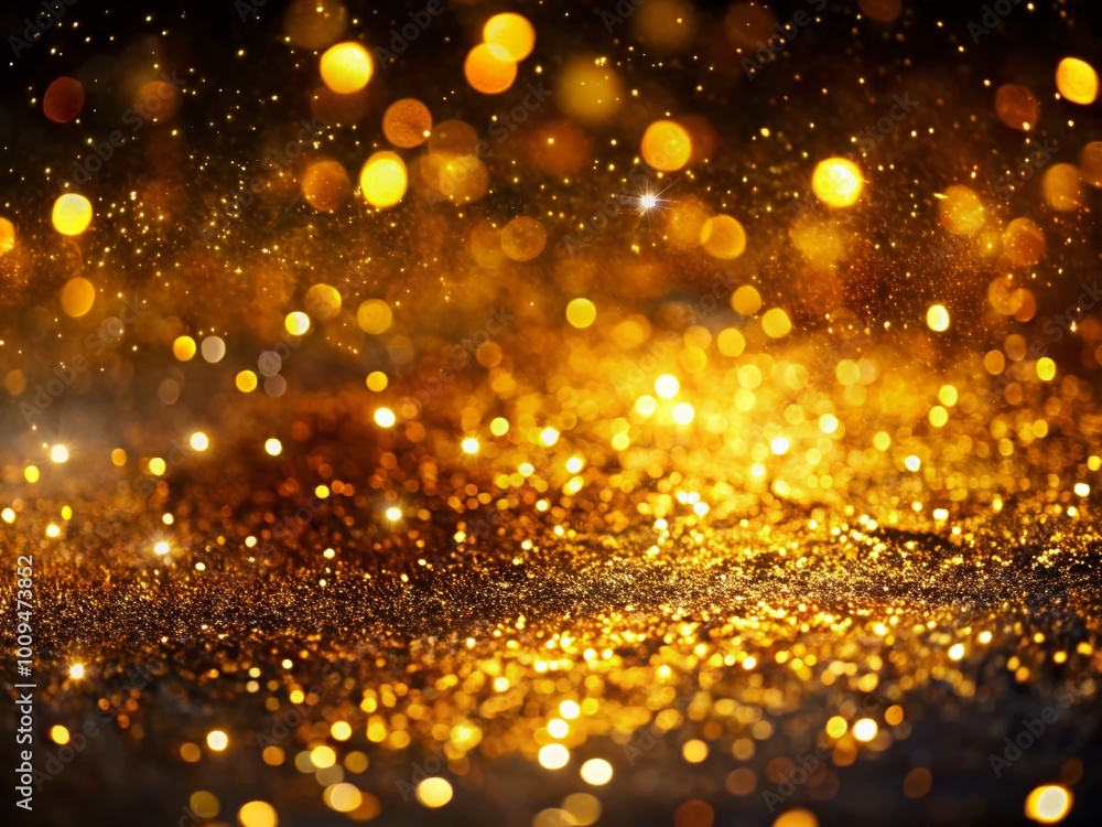Poster shimmering gold sparkles on dark background creating an elegant and luxurious visual effect