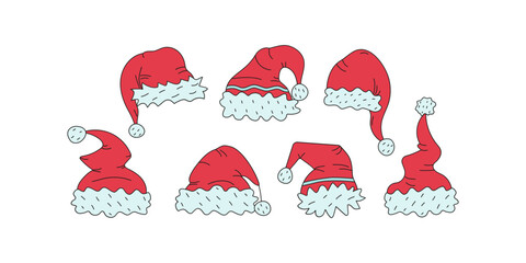 Set of different Santa hats. Collection of Santa hats drawings. Christmas hats, doodles, funny red caps, hand-drawn graphics, sketch cartoon icons. Clothes, accessories for holiday parties.