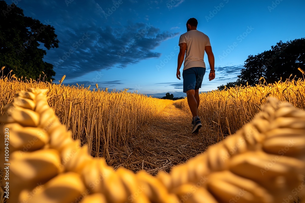 Poster a stoic thinker walking through a quiet field at dusk, their silhouette framed by the fading light, 