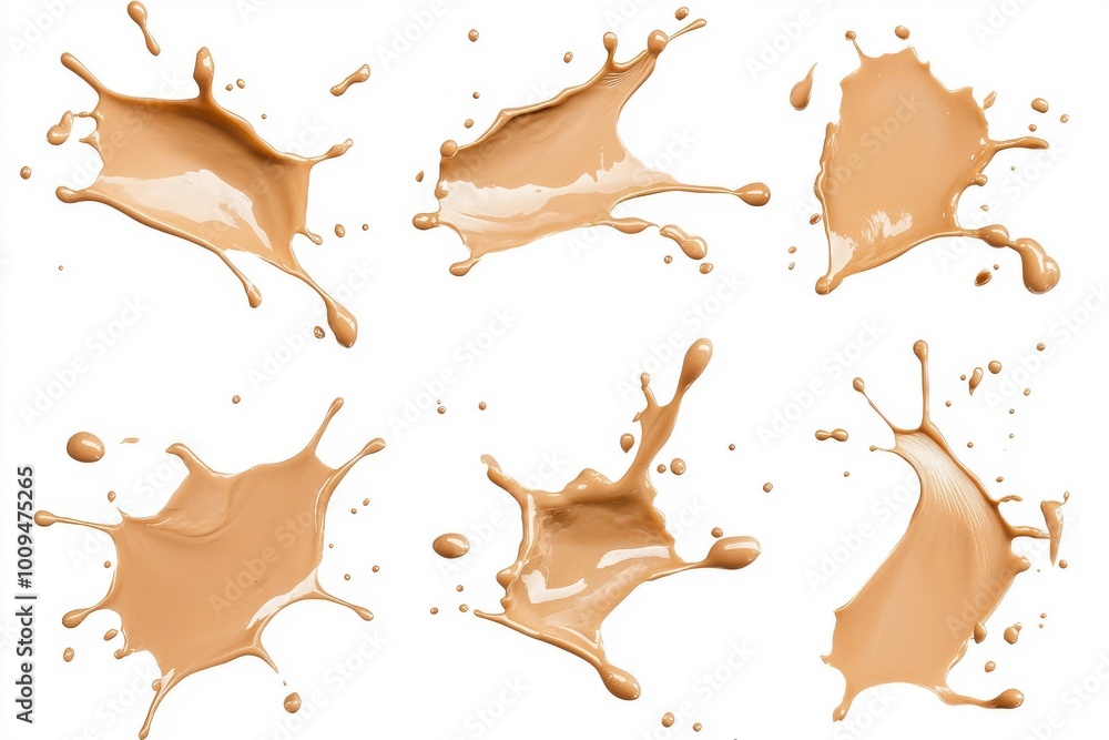 Poster assortment of floating amber fluid droplets, creatively shaped elements, placed on a light backgroun