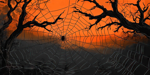 A Black and Orange Halloween Backdrop with a creepy spiderweb design.