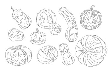 linear vector set of drawn halloween pumpkins of different shapes and with different expressions