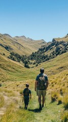 Fototapeta premium A man and a child hiking through a lush valley surrounded by mountains on a sunny day.