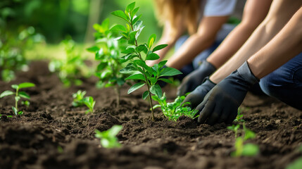Volunteers plant trees together as part of an environmental campaign