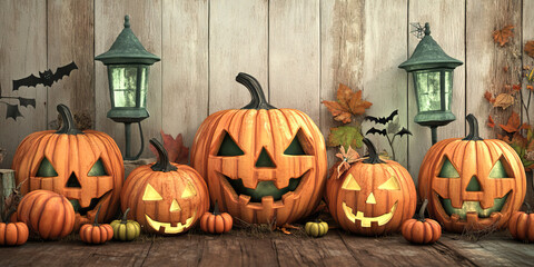 Obraz premium Vintage Halloween Decorations, including old jack-o'-lanterns and rustic pumpkins.