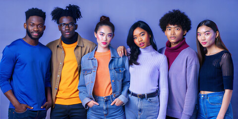 Group of multiethnic young people wearing urban streetwear. Stylish multiracial people on blue background