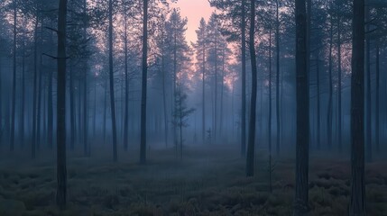 Fototapeta premium A misty forest at dawn, with tall trees and a serene atmosphere.