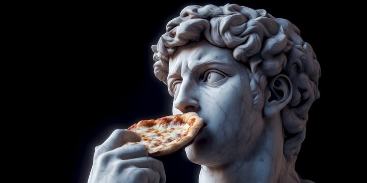 Naklejki A unique sculpture featuring a classic statue holding a slice of pizza in its mouth. This creative blend of art and food creates a humorous contrast. Perfect for playful designs. AI
