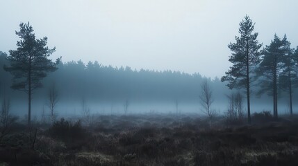 A misty forest landscape with tall trees and a serene, fog-covered ground.