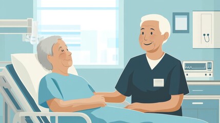 Obraz premium Elderly patient in a hospital bed being cared for by a nurse, depicting compassionate healthcare and patient care in a medical setting.