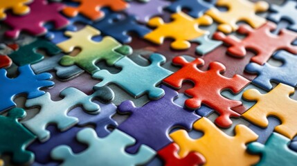 Fototapeta premium Vibrant colorful jigsaw puzzle pieces, closely arranged together, showcasing a mix of shapes and colors in a playful and challenging design.