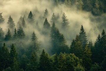 A misty forest scene with towering trees shrouded in fog, evoking a sense of tranquility.