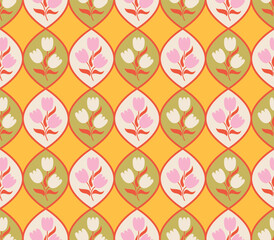 Seamless pattern with tulip flowers. Vector flat background in retro groovy style. Geometric botanical ornament with floral bouquets
