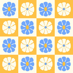 Seamless geometric pattern with abstract flowers in retro hippie style. Vector floral background. Vintage fashionable print with daisy flowers in 1970s style