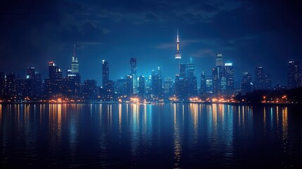 Fototapeta premium vibrant city skyline illuminated with glowing lights at night showcasing the pulse of urban life dramatic contrasts of dark skies and bright colors create a powerful energetic ambiance