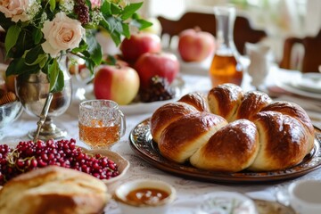 A beautifully arranged table featuring traditional High Holiday foods, including round challah with raisins, apples, honey, and pomegranates, symbolizing abundance and sweetness for Rosh Hashanah.