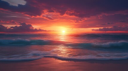 Obraz premium Dramatic sunset over the ocean with waves crashing on the shore.