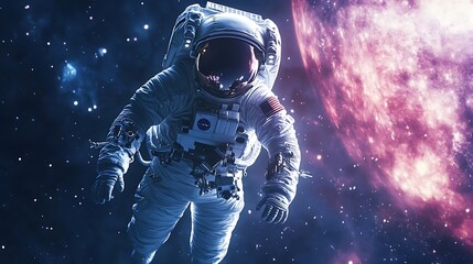 Astronaut exploring vast space while floating near vibrant colorful planet