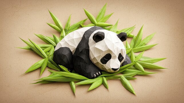A geometric panda resting among bamboo leaves, showcasing the beauty of wildlife in a modern artistic style.