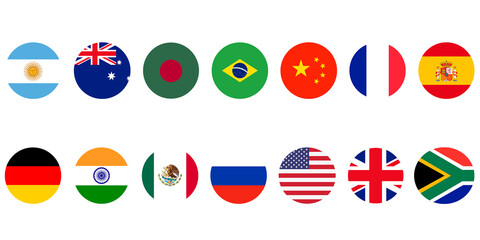 National Flag Round Icons Set. USA, UK, China, Russia, Bangladesh, India, France, Germany, Spain, South Africa, Argentina, Australia, Brazil, and Mexico. Isolated Circle Buttons on Transparent.