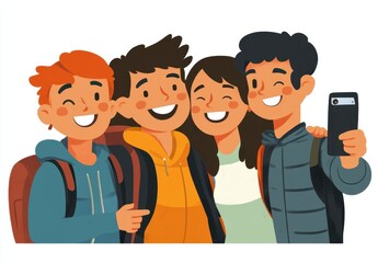 Fototapeta premium Happy friends taking a selfie together, a flat illustration with a white background, in a cartoon style Generative AI