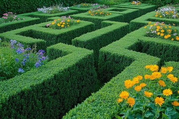 A Formal Garden with Green Hedges and Colorful Flowers