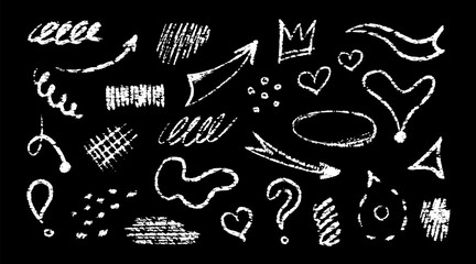 Chalk brush lines, arrows set Crayon grunge elements, circle, heart, abstract, square, frame, cross. Hand drawn pencil scribbles on black background. Vector set