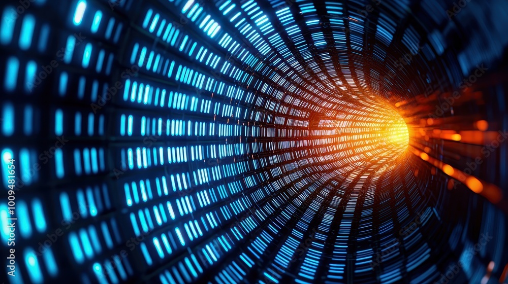 Poster abstract digital tunnel with blue and orange light elements, creating a futuristic visual effect.