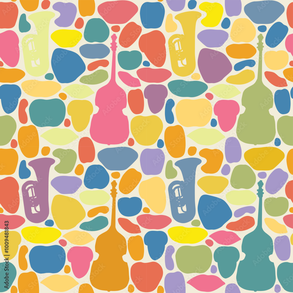 Aufkleber vector abstract bright seamless pattern texture with colored shapes and silhouettes of musical instr