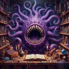Fototapeta premium A vibrant, fantastical creature emerges from a mystical library, combining intrigue and creativity—perfect for fantasy storytelling or game design visuals.