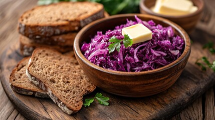 A bowl of fermented red cabbage sauerkraut, served with slices of rye bread and butter on a wooden board
