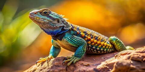 Obraz premium Spiny Lizard Sunbathing on a Rock in the Arizona Desert with Vibrant Natural Landscape Background