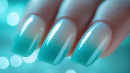 A close-up of nails with a turquoise to white ombre gradient, featuring a glossy finish and subtle shimmer along the cuticle line. The nails have a smooth texture, illuminated by bright light,