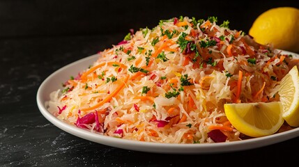 A colorful sauerkraut salad with shredded carrots, cabbage, and beets, served on a white dish with lemon wedges, against a dark countertop