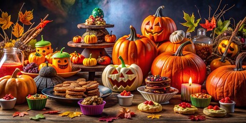 Spooky Halloween-Themed Food Display with Pumpkins, Treats, and Festive Decorations on a Table