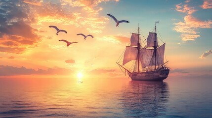Fototapeta premium A beautiful sunset scene featuring a sailing ship on calm waters, surrounded by soaring seagulls and vibrant clouds.