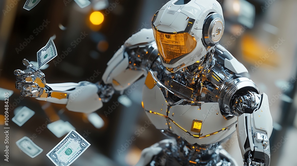 Poster cutting-edge robot assessing financial reports with high-tech banknote visualization