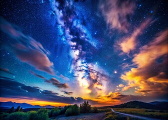 Obraz premium Starry Night Sky Over a Serene Landscape with Clouds and a Deep Blue Background for Creative Use