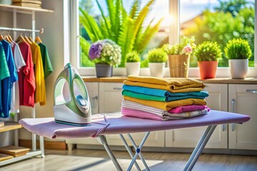 Steam Iron on an Ironing Board with Freshly Pressed Clothes in a Bright and Cozy Laundry Room