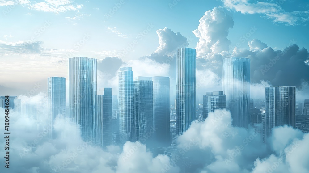 Poster a breathtaking view of modern skyscrapers emerging from serene clouds, illuminated by soft sunlight,