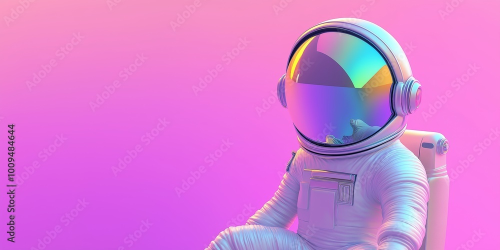 Wall mural a cartoon astronaut is sitting on a chair with a colorful background. the astronaut is wearing a hel