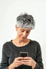 Fototapeta premium Adult playing smartphone portrait photo woman.