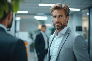 Naklejka premium A Man in a Suit Looking Over His Shoulder in an Office