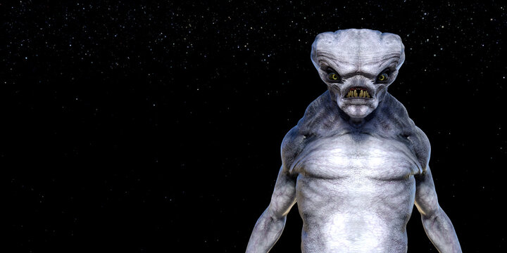 Illustration of an alien monster with long teeth looking forward against a space background.