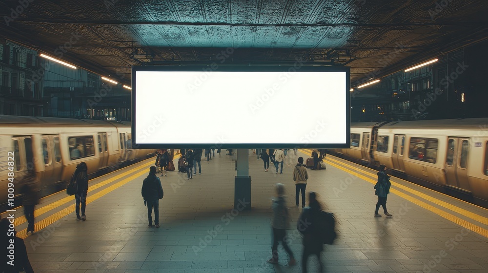 Poster a busy train station featuring an empty billboard, capturing the movement and energy of commuters an